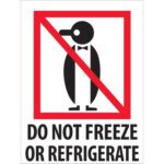 A sign with a red border slashing through a bowtie-wearing penguin reads DO NOT FREEZE OR REFRIGERATE, similar to MH-USA 3 x 4 - Do Not Freeze or Refrigerate Labels, which come in rolls of 500, ensuring items are stored correctly.