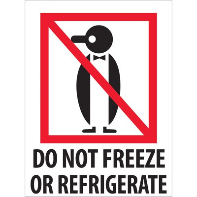 DL4040.jpg A sign with a red border slashing through a bowtie-wearing penguin reads DO NOT FREEZE OR REFRIGERATE, similar to MH-USA 3 x 4 - Do Not Freeze or Refrigerate Labels, which come in rolls of 500, ensuring items are stored correctly.