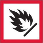 The black flame icon on white, outlined in red, resembles the MH-USA 1 x 1 Pictogram - Flame Labels (500/Roll).
