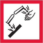 The MH-USA 1 x 1 Pictogram - Corrosion Labels (500/Roll) displays a test tube pouring liquid onto a corroding hand and surface, outlined in red on a white background.