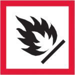 The MH-USA 2 x 2 Pictogram - Flame Labels (500/Roll) feature a centered black flame icon on a white background with a bold red border, stylized with sharp edges and a diagonal line at the base, indicating fire-related caution.
