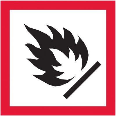 DL4241.jpg The MH-USA 2 x 2 Pictogram - Flame Labels (500/Roll) feature a centered black flame icon on a white background with a bold red border, stylized with sharp edges and a diagonal line at the base, indicating fire-related caution.