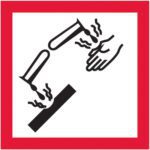 MH-USA 2 x 2 Pictogram - Corrosion Labels (500/Roll) showcase a vivid hazard symbol of a test tube spilling corrosive liquid on a surface and hand, featuring damage lines within a red-bordered square for enhanced visibility.