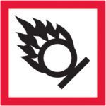 The MH-USA 2 x 2 Pictogram labels display a circle with flames, angled diagonally right, in black on a white background with a red border. They signify oxidizing agent warnings and come in rolls of 500.