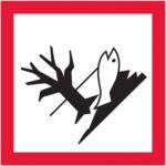 A black and white illustration of a fish and barren tree on a tilted surface inside a red border resembles the MH-USA 2 x 2 Pictogram - Environment Labels (500/Roll), symbolizing environmental warning or ecological impact.