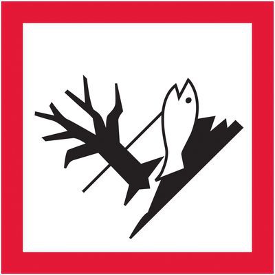 DL4247.jpg A black and white illustration of a fish and barren tree on a tilted surface inside a red border resembles the MH-USA 2 x 2 Pictogram - Environment Labels (500/Roll), symbolizing environmental warning or ecological impact.