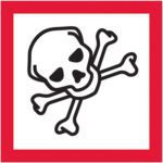 The MH-USA 2 x 2 Pictogram - Skull and Crossbones Labels (500/Roll) showcases a black skull and crossbones on a white background with a bold red border for enhanced visibility.