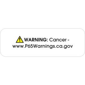 A rectangular MH-USA 1 1/2 x 1/2 label features a yellow caution symbol and the text WARNING: Cancer - www.P65Warnings.ca.gov on a white background, available in rolls of 500 as Prop 65 Labels.