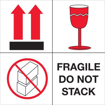 DL4501.jpg The MH-USA 4 x 4 Fragile - Do Not Stack labels (500 per roll) feature red arrows pointing up, a fragile glass icon, and a red circle with a line through stacked boxes, all accompanied by bold black text reading FRAGILE DO NOT STACK.