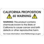The MH-USA 2 3/8 x 1 1/2 labels warn of cancer and reproductive harm risks per Prop 65, with two yellow caution triangles and a link to www.P65Warnings.ca.gov for more info. Comes in a roll of 500 full generic warning labels.