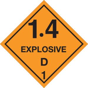 The MH-USA 4 x 4 label features an orange diamond-shaped sign with bold black text 1.4 EXPLOSIVE D 1 for safety and clarity, available in convenient rolls of 500 for easy handling and identification.