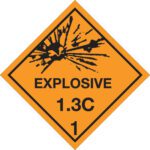 The MH-USA 4 x 4 labels feature an orange diamond warning sign with a black explosion graphic and text EXPLOSIVE 1.3C 1. Sold in rolls of 500, they ensure safety and compliance.