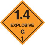 The MH-USA 4 x 4 - 1.4 - Explosive - G 1 labels (500/roll) feature an orange diamond with black text, effectively communicating safety warnings and ensuring compliance in hazardous areas.