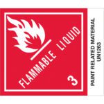 The MH-USA 4 x 4 3/4 label, featuring a red flame icon, FLAMMABLE LIQUID, the number 3, and PAINT RELATED MATERIAL UN1263, is ideal for identifying hazards. Available in rolls of 500.