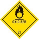 A 4x4 diamond yellow warning sign depicts a black flame over a circle, labeled OXIDIZER with 5.1 at the bottom, consistent with the MH-USA Oxidizer - 5.1 Labels (500/Roll).