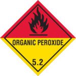 The diamond-shaped hazard sign is similar to the MH-USA 4 x 4 - Organic Peroxide - 5.2 Labels (500/Roll), with a red top showing a black flame icon and a yellow bottom featuring ORGANIC PEROXIDE above the number 5.2, indicating danger.