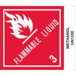 A red and white warning sign displaying a flame symbol includes the text FLAMMABLE LIQUID, 3, and METHANOL UN1230 on the right, ideal for MH-USA 4 x 4 3/4 - Methanol Labels (500/Roll) use.