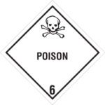 The MH-USA 4 x 4 Poison - 6 Labels (500/Roll) feature a diamond shape with a skull and crossbones over POISON and the number 6, clearly indicating toxicity.