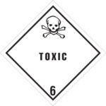 The MH-USA 4 x 4 label displays a diamond-shaped skull and crossbones warning marked TOXIC with the number 6, featuring 500 bold black outlined labels per roll for clarity.