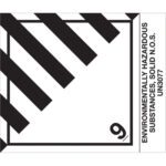 The MH-USA 4 x 4 3/4 Env Haz Sub, Solid Labels feature black and white hazard stripes, ENVIRONMENTALLY HAZARDOUS SUBSTANCES, SOLID N.O.S. UN3077, and a number 9 in a circle, with each roll containing 500 labels.