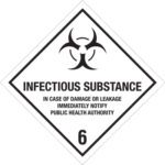 The MH-USA labels have a diamond design with a biohazard symbol. They read: Infectious Substance. In case of damage or leakage, immediately notify public health authority, featuring black text and symbol on a white background.