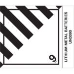The MH-USA 4 x 4 3/4 label rolls, featuring Lithium Metal Batteries and code UN3090 beneath striped design with a large number 9, contain 500 black and white labels each for convenience.