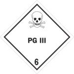 The MH-USA 4 x 4 - PG III - 6 labels display a skull and crossbones above PG III, with the number 6 for toxic substances, ensuring compliance. Available in rolls of 500.