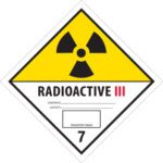 The MH-USA 4 x 4 - Radioactive III Labels (500/Roll) display a yellow diamond warning with a black radiation symbol and bold text, including sections for contents, activity, transport index, and the number 7 for hazard classification.