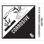 MH-USA 4 x 4 3/4 labels display a test tube spilling liquid onto a surface and hand with damage, reading CORROSIVE and number 8; CORROSIVE LIQUIDS, N.O.S. UN1760. Available in rolls of 500.