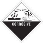 Product Name: MH-USA 4 x 4 - Corrosive Labels (500/Roll). These labels feature a black and white hazard symbol; two test tubes pouring onto a metal bar and hand to depict damage. The bold CORROSIVE text on a diamond-shaped background ensures high visibility.