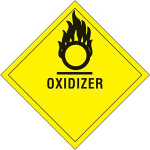The MH-USA 4 x 4 Oxidizer labels (500/roll) feature a yellow diamond sign with a black flame over a circle, labeled OXIDIZER.