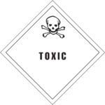 A diamond-shaped warning sign with a skull and crossbones and TOXIC below resembles the MH-USA 4 x 4 - Toxic Labels (500/Roll), featuring a clear black-and-white design for effective hazard communication.