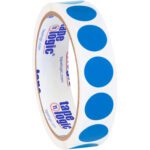 A roll of MH-USA 3/4 Light Blue Inventory Circle Labels features blue stickers with tape logic on the inner surface, providing 500 labels per roll.
