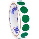 A roll of MH-USA 3/4 Green Inventory Circle Labels (500/roll) featuring vibrant green stickers, with the Tape Logic brand elegantly printed in blue and red on the inner side.