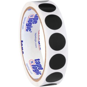 A roll of MH-USA 3/4 Black Inventory Circle Labels (500/roll) includes sleek black circles on a white backing, with tape logic branding in blue and red on the inner side.