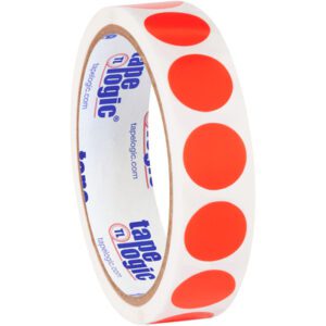 The MH-USA 3/4 Fluorescent Red Inventory Circle Labels roll features white-backed tape, with each label evenly spaced along its length and the tape logic brand and website displayed inside.