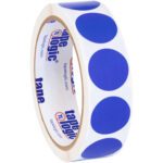 The MH-USA 1 Dark Blue Inventory Circle Labels (500/Roll) are white label stickers with large blue circles. The inner side of the roll features the tape logic logo and website, ideal for inventory use.