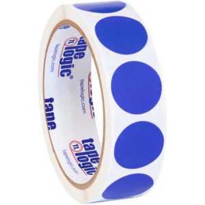 The MH-USA 1 Dark Blue Inventory Circle Labels (500/Roll) are white label stickers with large blue circles. The inner side of the roll features the tape logic logo and website, ideal for inventory use.
