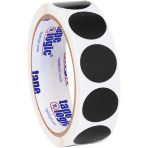 A roll of white adhesive tape holds 500 MH-USA 1 black inventory circle labels, featuring the Tape Logic brand in striking blue and red on the inner core.