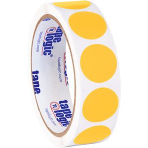 A roll of white sticker tape with large yellow dots complements the MH-USA 1 Fluorescent Orange Inventory Circle Labels (500/Roll). Inside, it features blue and red text displaying the tape logic brand name.