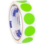 A roll of MH-USA 1 Fluorescent Green Inventory Circle Labels (500/Roll) features bright green stickers and tape logic branding on the inner side.