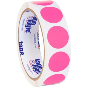 The MH-USA 1 Fluorescent Pink Inventory Circle Labels (500/roll) feature vivid pink stickers, a white background enhancing the color, and the Tape Logic brand logo on the rolls inner side.