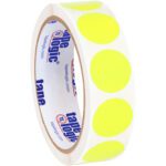 The MH-USA 1 Fluorescent Yellow Inventory Circle Labels (500/Roll) feature vibrant yellow stickers on a white backing, with blue and red text branding on the inner cardboard core, adding style to your organizational needs.