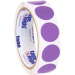 A roll of white tape with large purple dots is paired with MH-USA 1 Purple Inventory Circle Labels. The tapes inner side displays the tape logic logo in blue and red text.