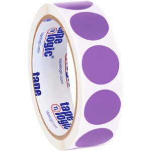 A roll of white tape with large purple dots is paired with MH-USA 1 Purple Inventory Circle Labels. The tapes inner side displays the tape logic logo in blue and red text.