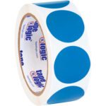 Each roll of MH-USA 1 1/2 Light Blue Inventory Circle Labels contains 500 large blue circles on a white background. The inner core features the Tape Logic brand, with its logo and website in blue and red, ideal for organizing.
