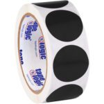 A roll of white tape with large black dots and the tape logic logo and website in blue and red text pairs well with MH-USA 1 1/2 Black Inventory Circle Labels (500/Roll), adding a professional touch to packaging tasks.