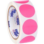 A roll of MH-USA 1 1/2 Fluorescent Pink Inventory Circle Labels (500/roll), with bright pink dots and the tape logic brand visible on the inner ring.