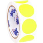 A roll of MH-USA 1 1/2 Fluorescent Yellow Inventory Circle Labels (500/Roll) is partially unwound, revealing several vibrant yellow stickers. The inner label showcases the brand name against a clean white background.