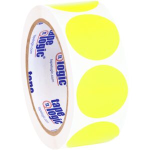 A roll of MH-USA 1 1/2 Fluorescent Yellow Inventory Circle Labels (500/Roll) is partially unwound, revealing several vibrant yellow stickers. The inner label showcases the brand name against a clean white background.